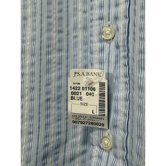 NEW Jos A Bank Stays Cool Shirt Seersucker Button Shoer Sleeve Blue Striped L - Picture 2 of 2